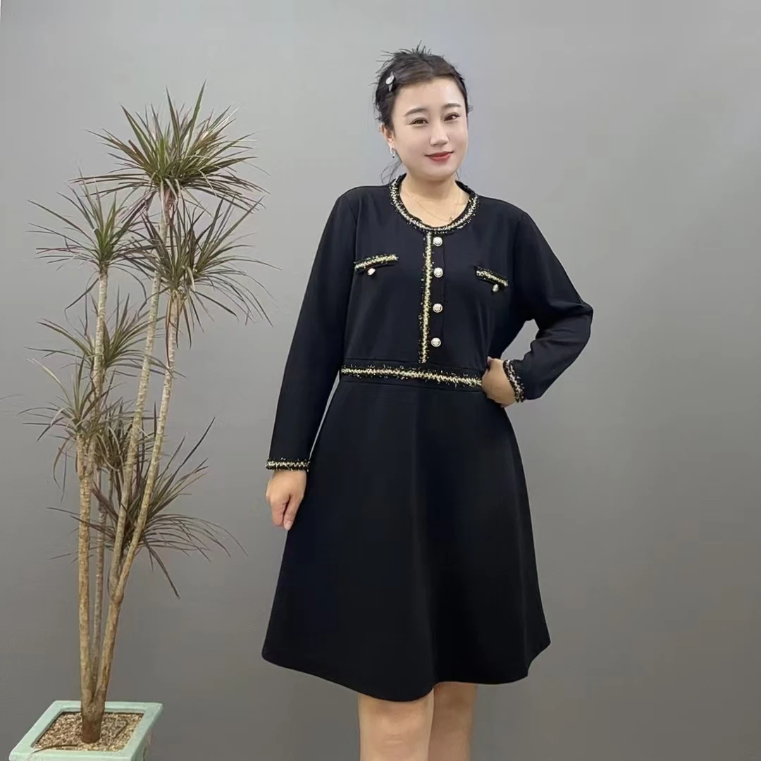 七分袖中长裙正肩V领3010法式连衣裙女士长袖秋季裙子