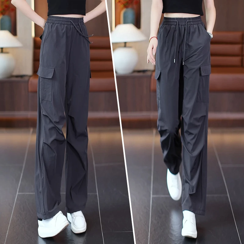 美式冰丝工装裤女夏季薄款2025新款高腰休闲裤宽松直筒速干运动裤