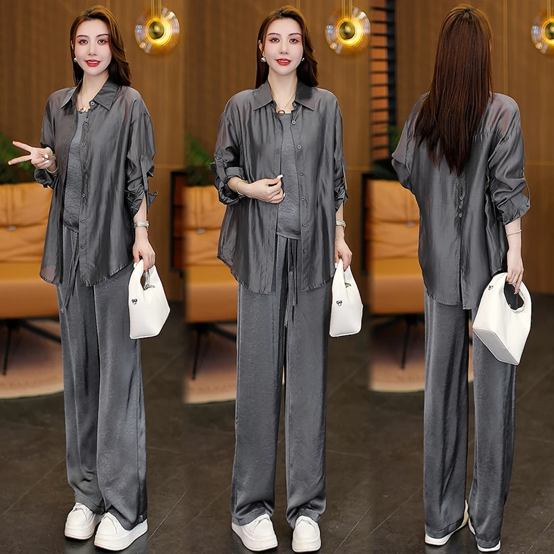 秋季时尚套装女2025夏季新款上衣森系长袖衬衫吊带阔腿裤三件套潮