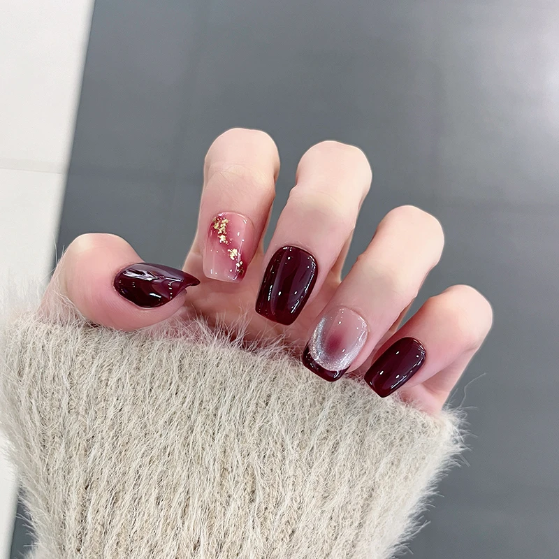 【红妆】酒红法式穿戴甲新款高级感车厘子红假指甲贴片短款美甲成品