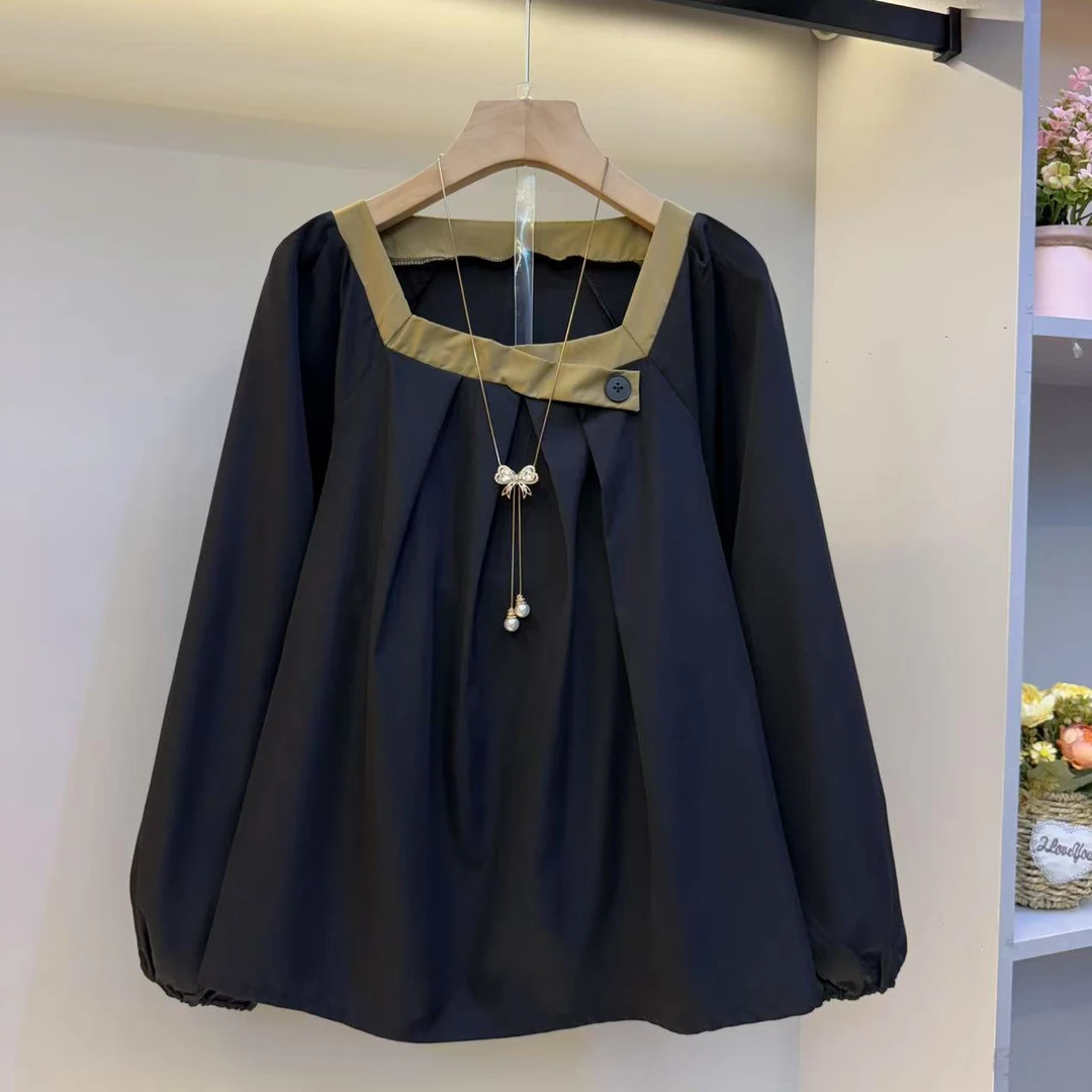欧货2025方领设计感简约撞色韩版女人衫