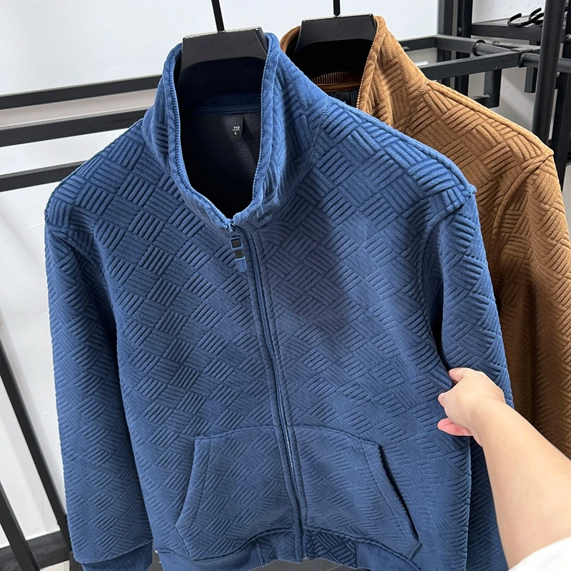 CATIA SELI秋冬季奥利绒提花拉链开衫男士外套加绒加厚立领卫衣