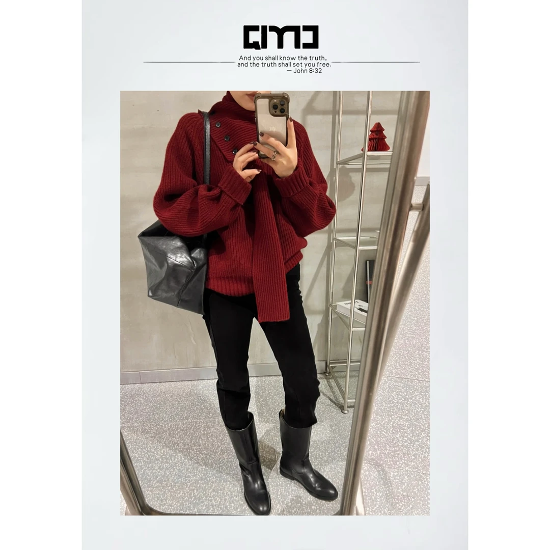 QIMO启茉（A375#韩版V领毛衣（配围巾）安可拉红