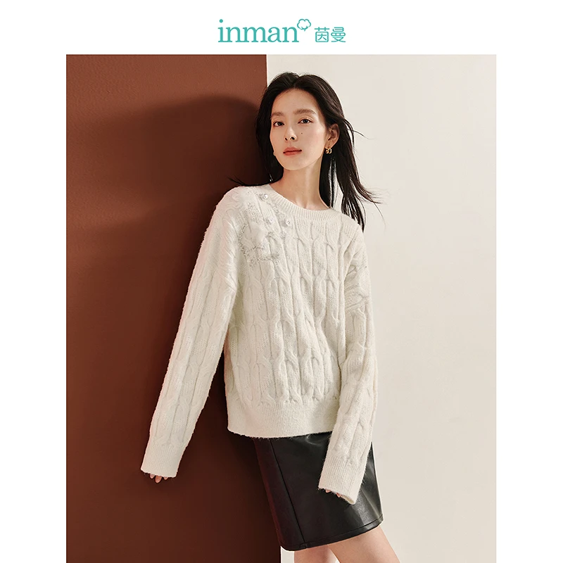 【浪漫情人节】茵曼冬季软糯钉珠麻花毛衣圆领长袖宽松套头针织衫女