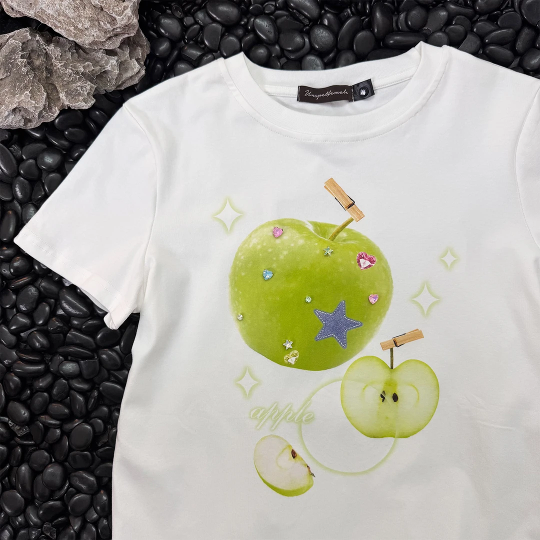 CURPOPP原创设计感青苹果休闲弹力正肩T恤女显瘦修身小众百搭上衣