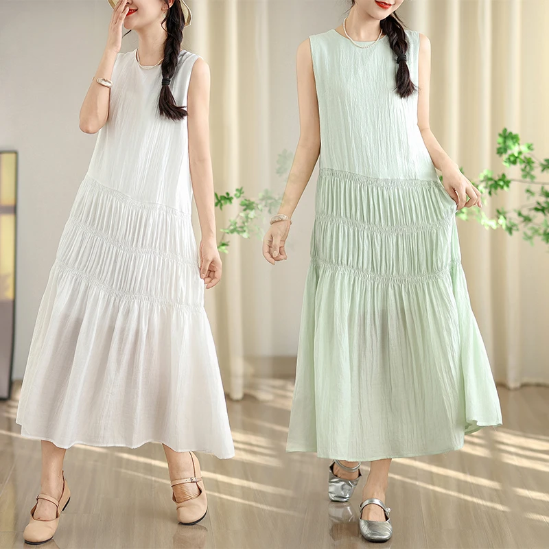 韩系时尚简约气质圆领无袖压褶背心连衣裙2025夏季新款超仙A字裙