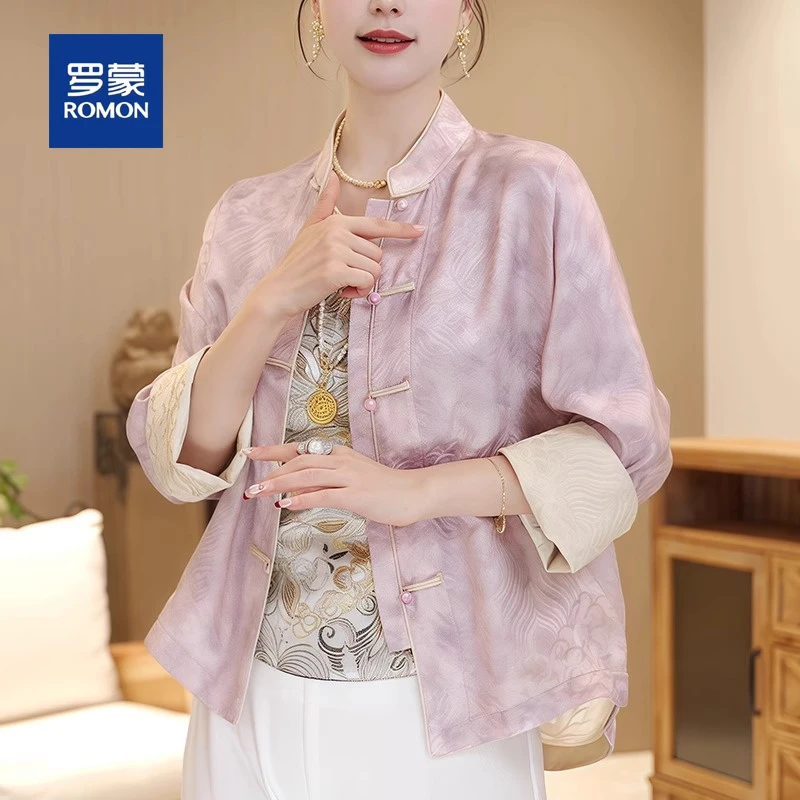 罗蒙新中式国风外套2025妈妈装双面穿春季复古盘扣提花唐装上衣女