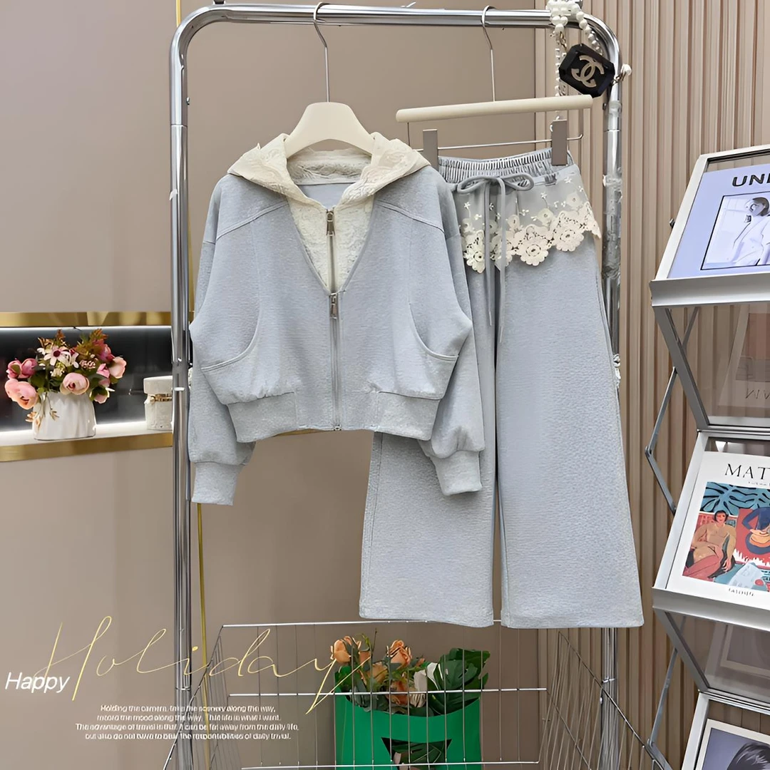 女童春秋运动套装洋气2025新款蕾丝帽韩版针织宽松阔腿连帽两件套