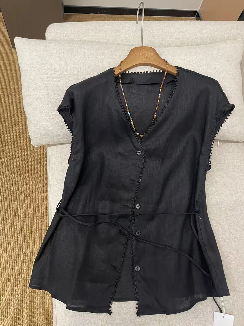 显瘦V领气质时尚圆领包袖常规无袖系带