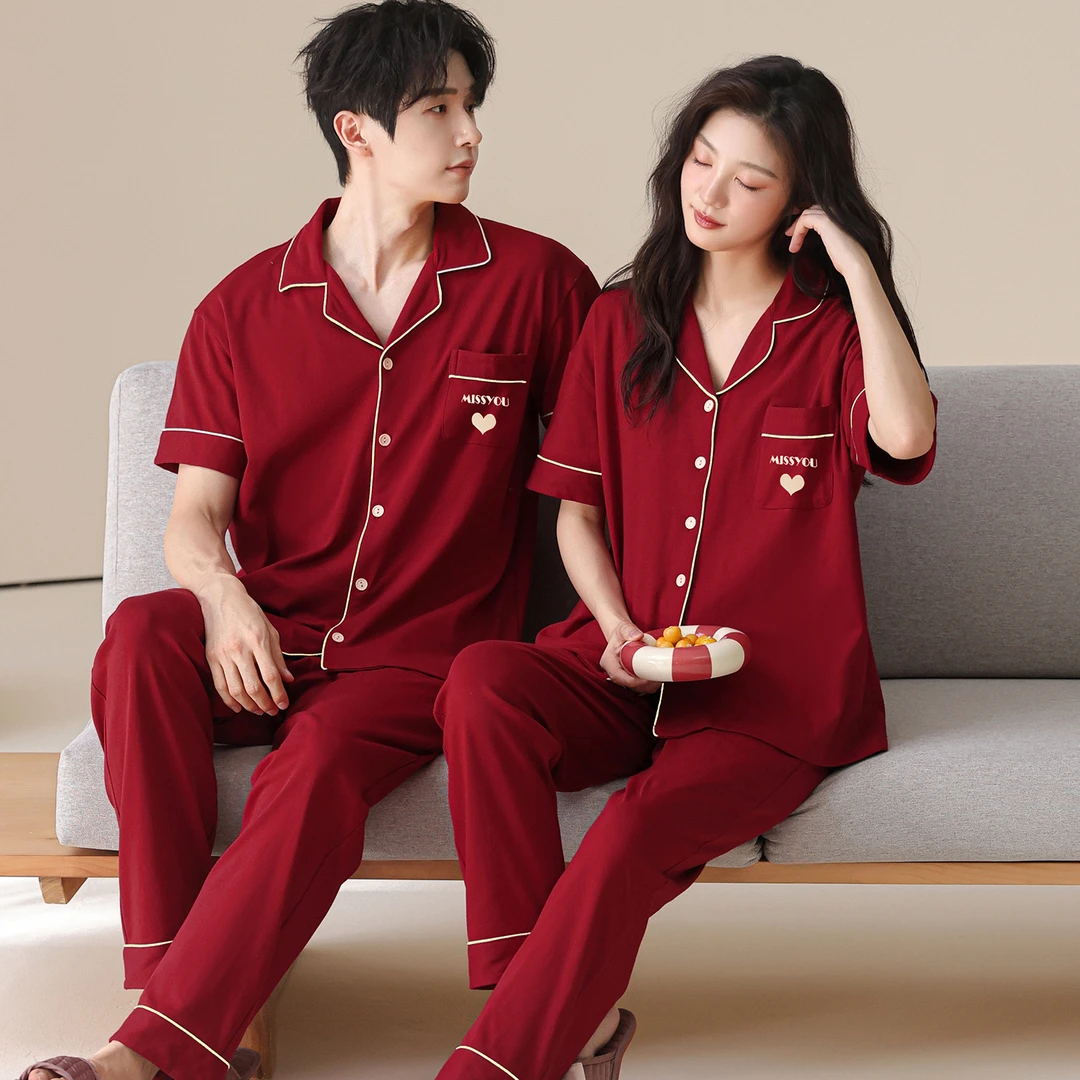 100%纯棉短袖长裤红色情侣睡衣结婚本命年喜庆陪嫁新款家居服男女