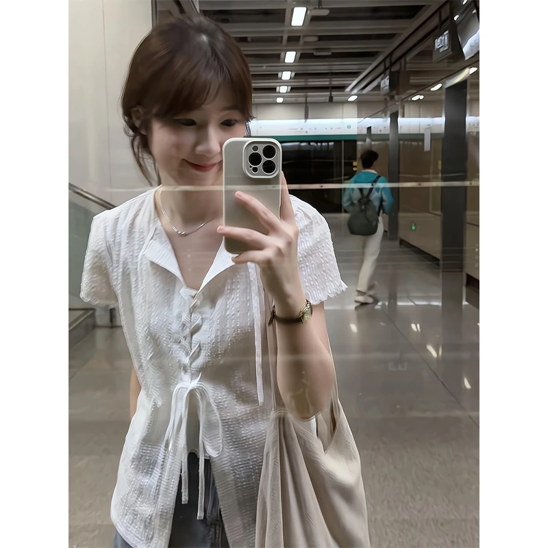 夏季法式白色正肩短袖衬衫小众风琴褶皱绑带上衣牛仔半身裙长裙女
