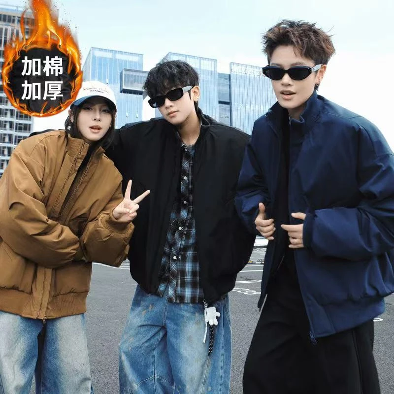 【加棉加厚】美式立领短款夹棉加厚棒球服外套男女秋冬季宽松情侣款