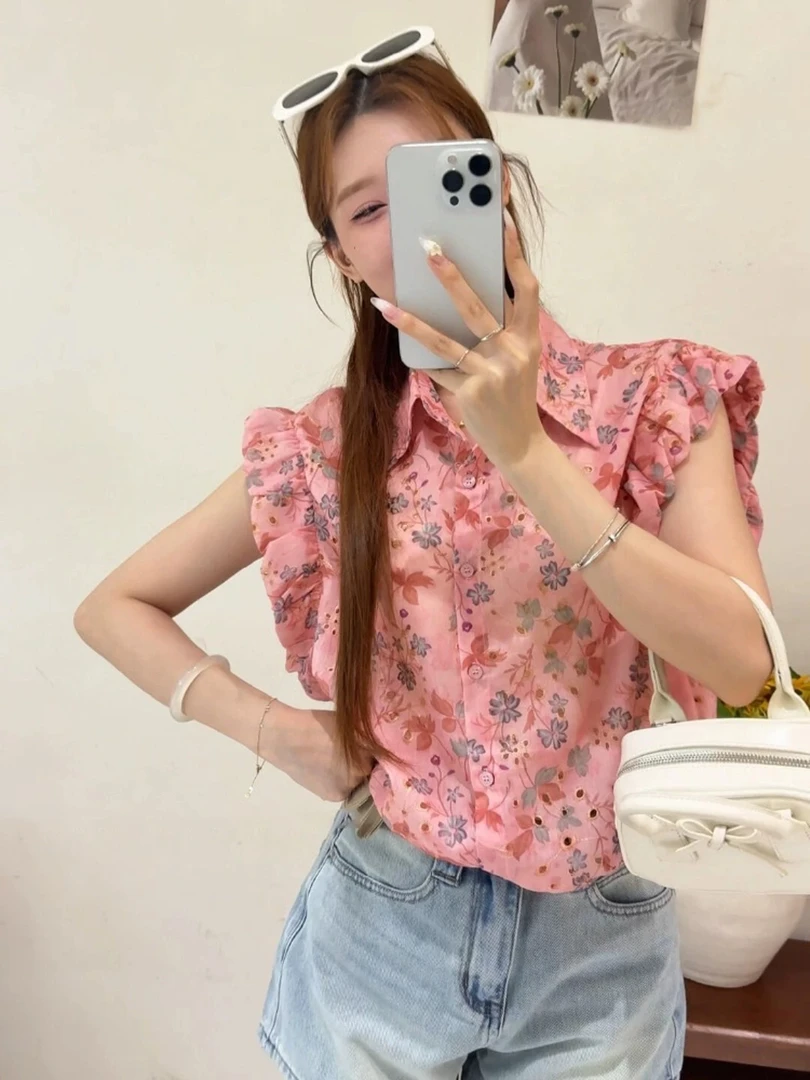 【88568】佰#花苞袖抽绳翻领碎花衬衫上衣