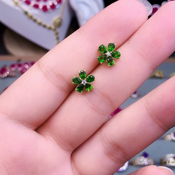 透辉石耳钉银S925镶嵌