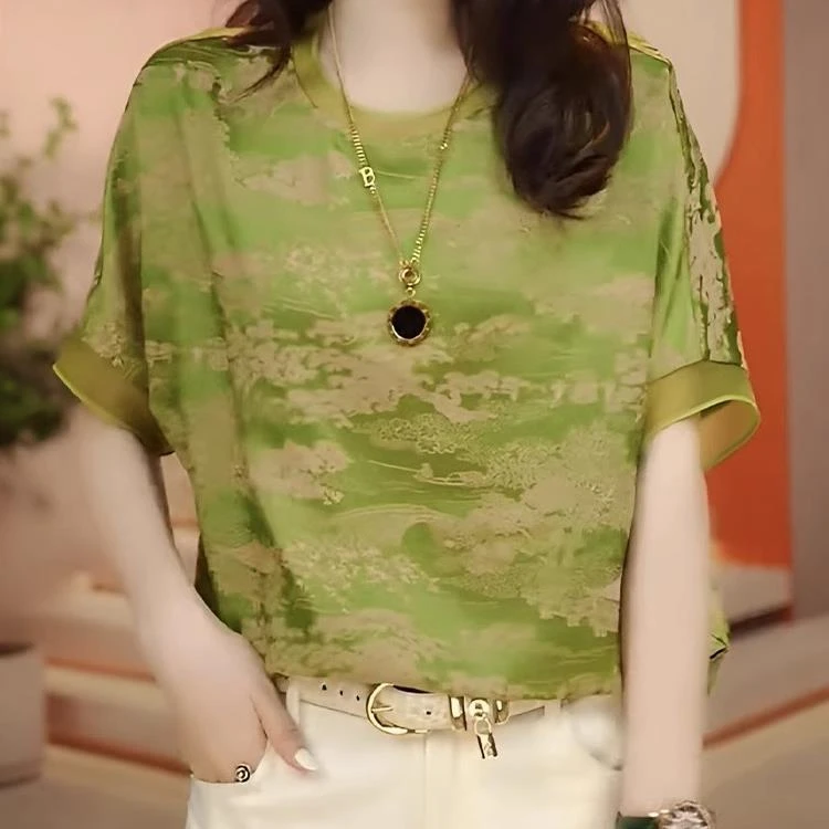 真丝印花衬衫设计小众高级气质上衣桑蚕丝半袖衬衣2024夏女