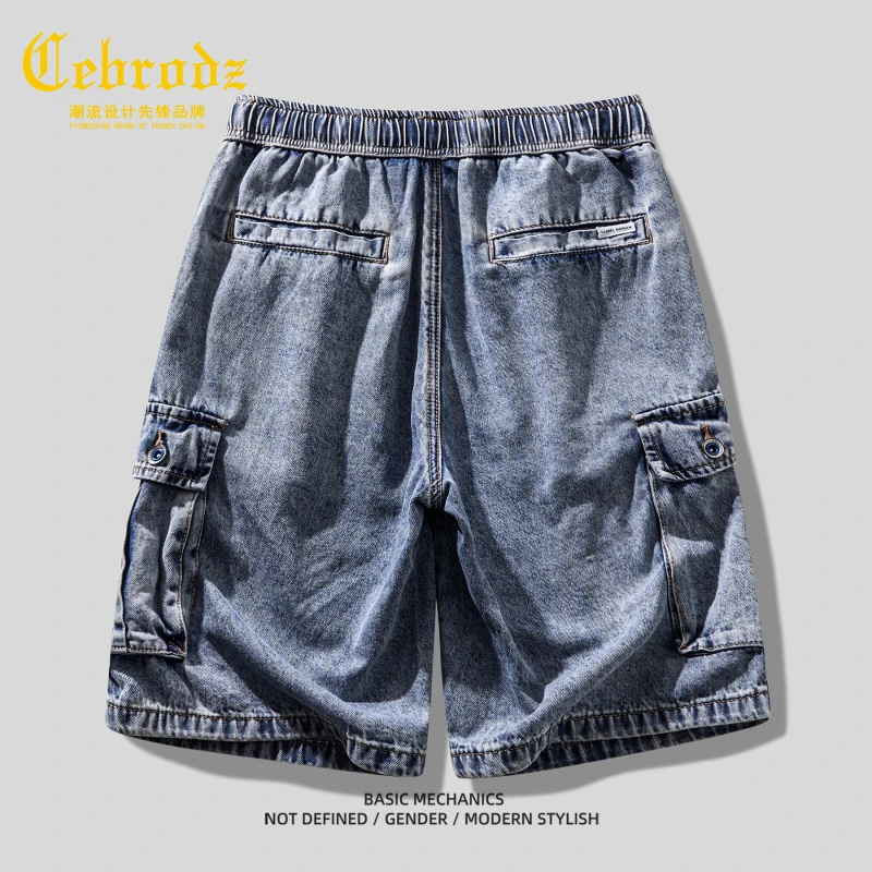法国Cebrodz高街重工口袋拼接牛仔短裤男士2025宽松直筒五分裤男