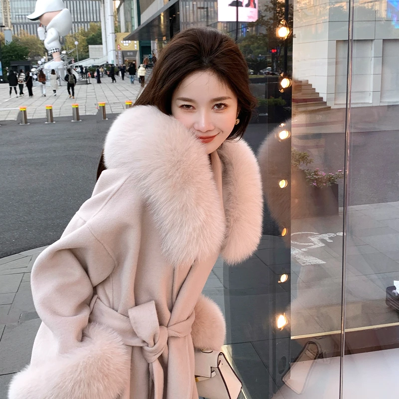 1987 fur双面呢大衣女2025年秋冬新款毛呢外套狐狸毛中长款连帽