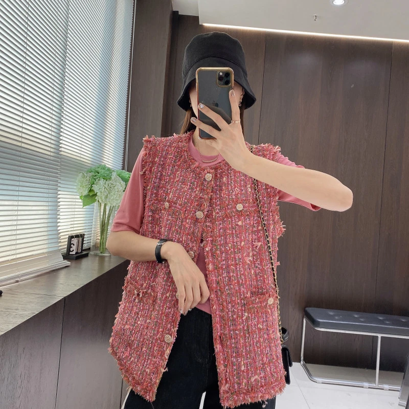 IMFLY金小金自制女装 马甲DYW8319春季小香风编织无袖马夹外套女