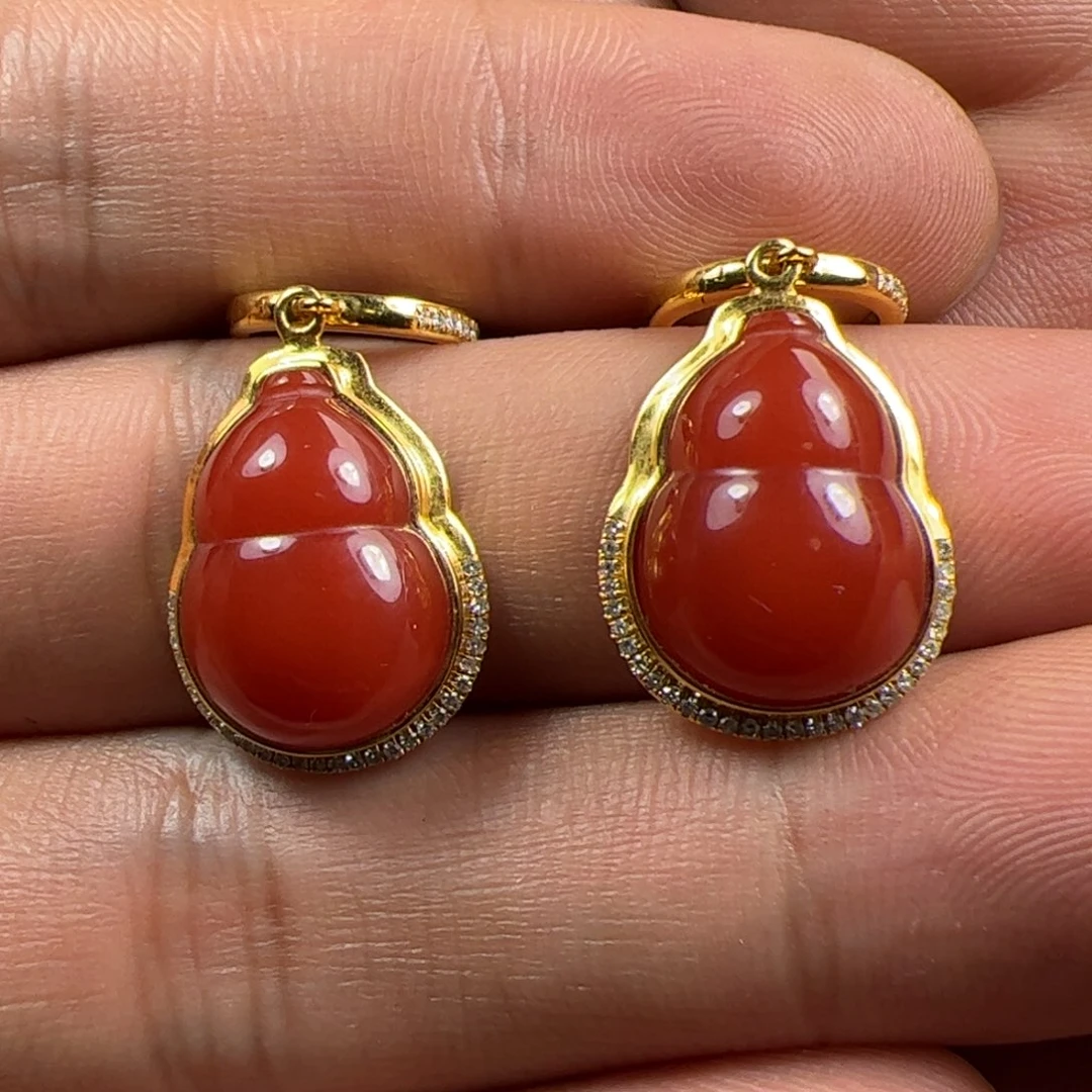 南红玛瑙耳坠18K金镶嵌