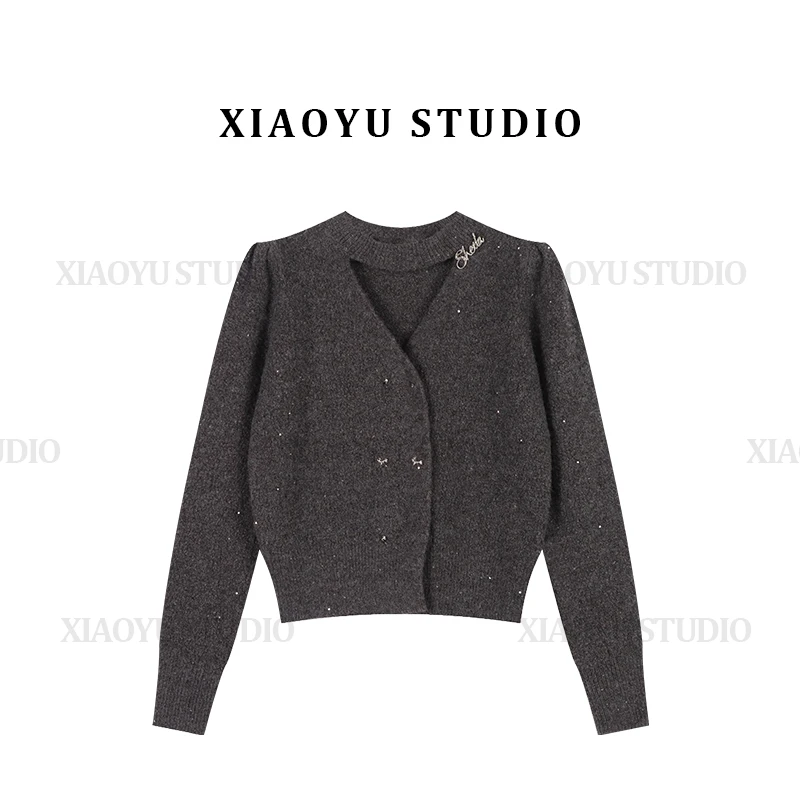 法式新款时尚设计感镂空V领双排扣针织毛衣软糯高级感上衣KI-1002