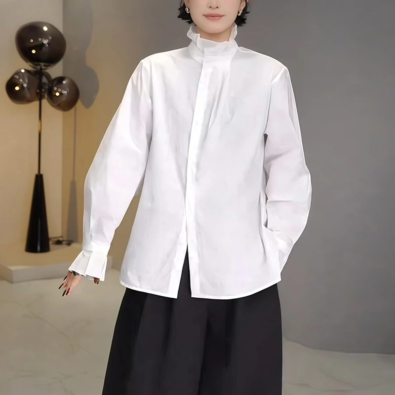法式气质通勤立领白色长袖衬衫女2025秋季新款设计感木耳边小上衣