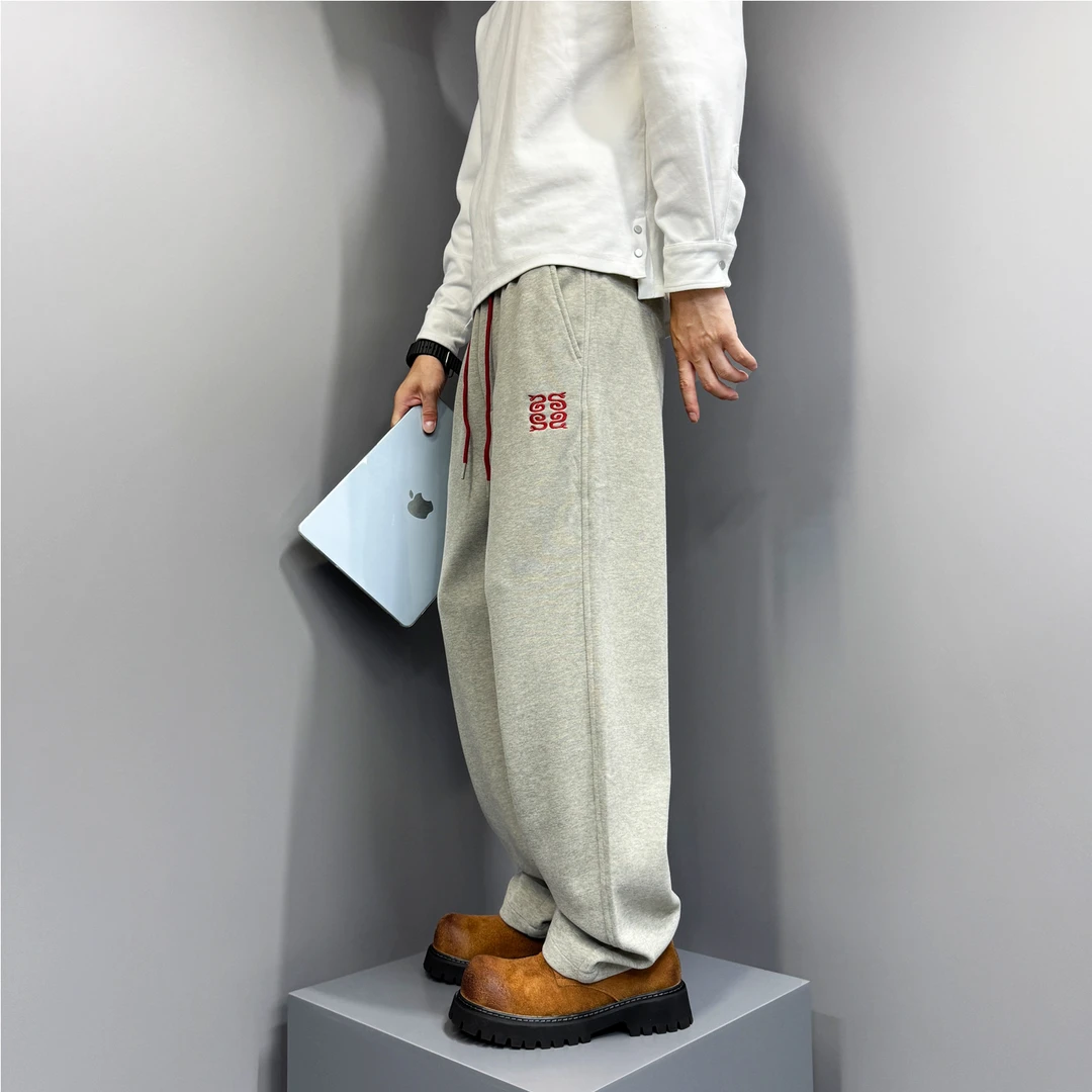 早秋刺绣阔腿重磅加厚运动裤宽松直筒冬季加绒休闲裤纯色垂感卫裤
