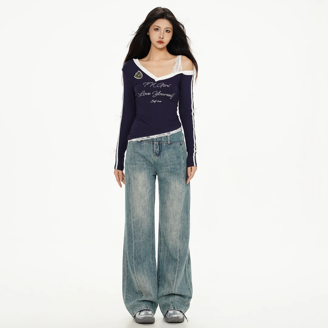 复古牛仔裤阔腿裤女新款宽松拖地垂感直筒牛仔裤轻奢牛仔裤小个子