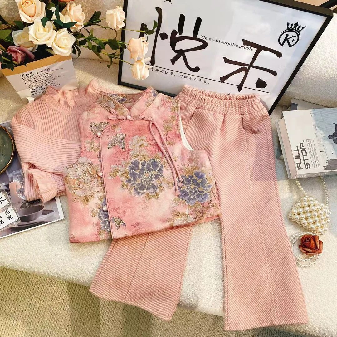 M萌娃冬装粉嫩少女粉暖冬套装新中式国风加厚拜年服套装6452