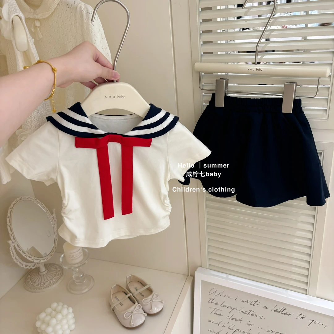 现【咸柠七】女童学院风白色短袖T恤夏款动漫美少女短款T恤半身裙