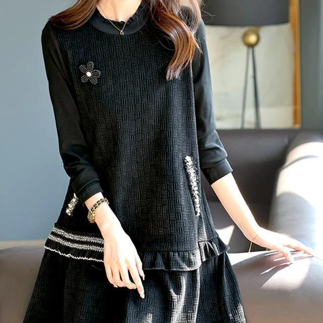 春季新款亮丝钉珠拼接连衣裙女装2025高级感荷叶边显瘦遮肉裙子潮