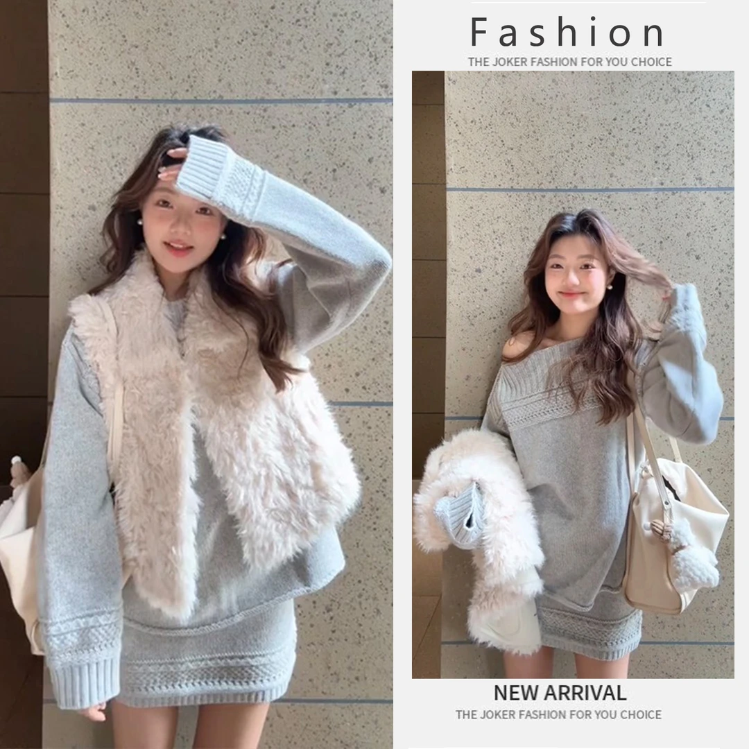 【专属运费】穿搭女2026新款洋气斜肩针织衫百搭马甲显瘦短裙三件套