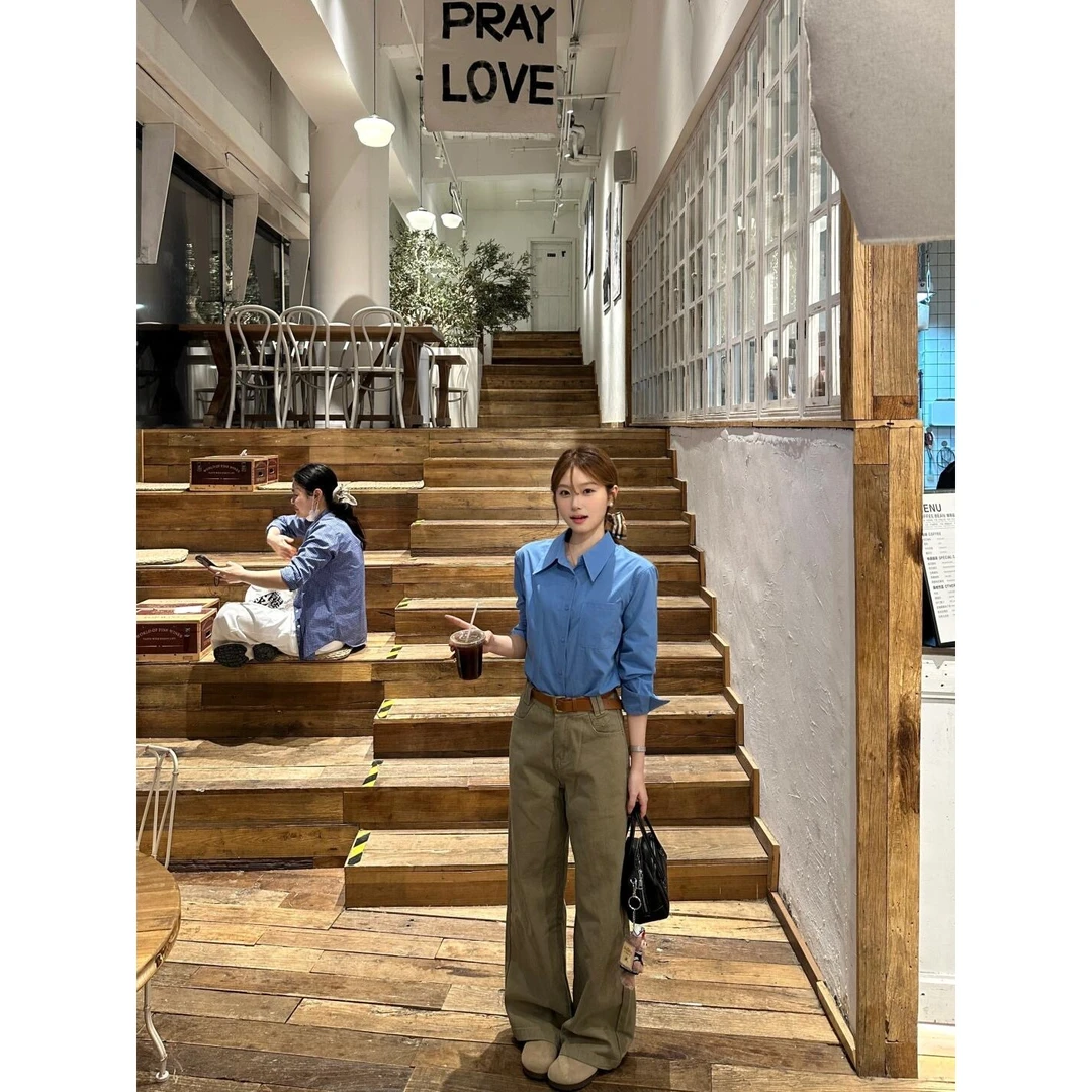 套装女士春夏季新款翻领长袖衬衫百搭衬衣显瘦休闲裤宽松阔腿裤