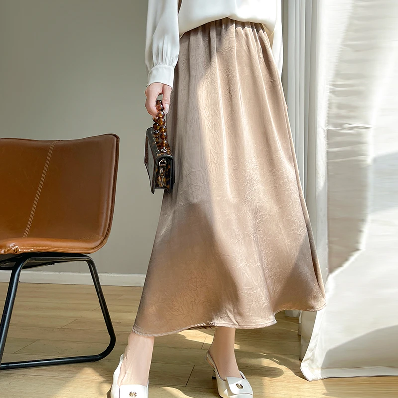 气质新款丝滑缎面提花高腰显瘦半身裙子高腰中长款半裙高级垂坠感