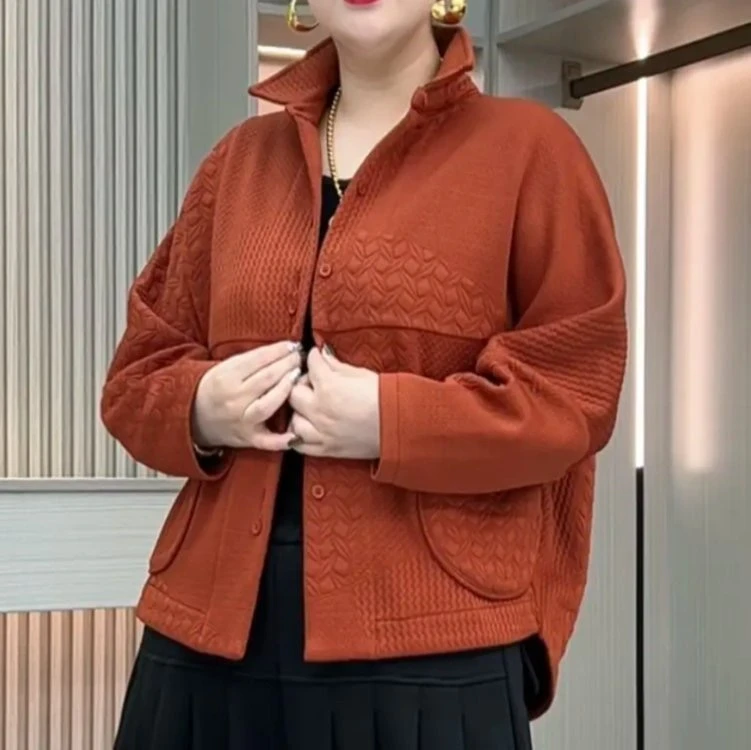秋季新款翻领短外套洋气提花纯色宽松外套百搭气质显瘦休闲上衣