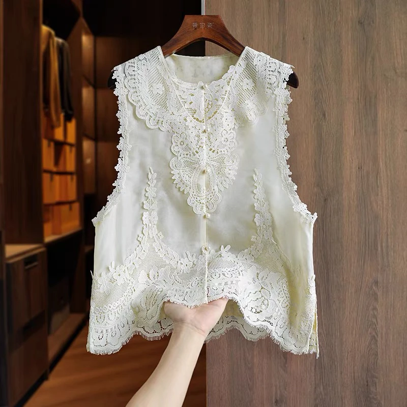 新中式国风宽松显瘦真丝重工刺绣蕾丝三色马甲1077