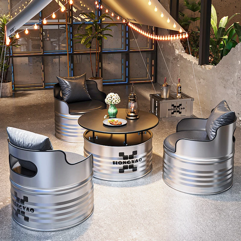 工业风油桶桌椅奶茶店咖啡厅商用网红酒吧清吧休闲卡座沙发组合潮