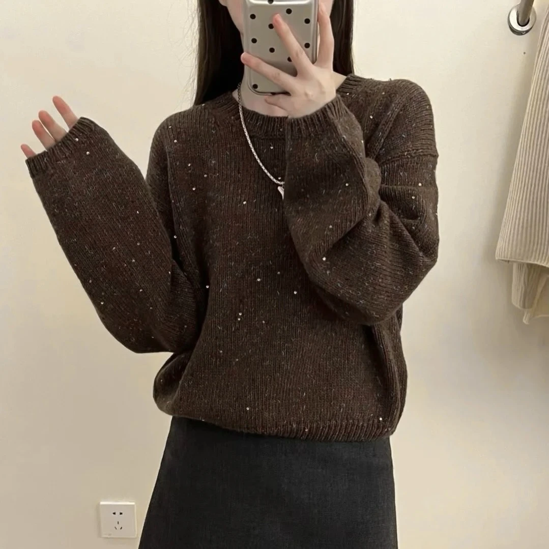 清-汤圆吖软糯圆领亮片款棕色针织毛衣243105