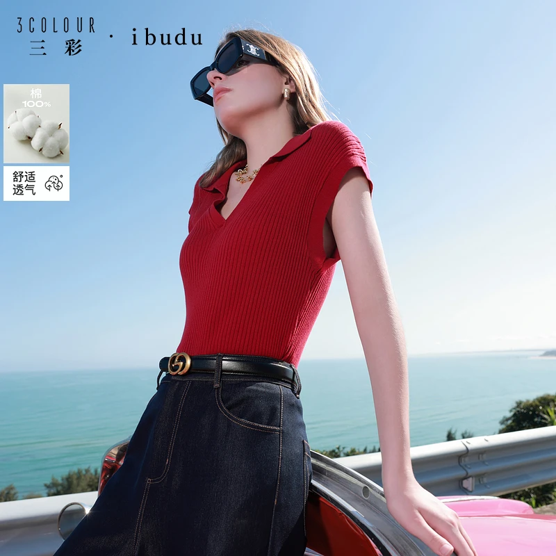 三彩ibudu2025夏季新款修身Polo领针织衫短袖精梳棉毛衫套头女