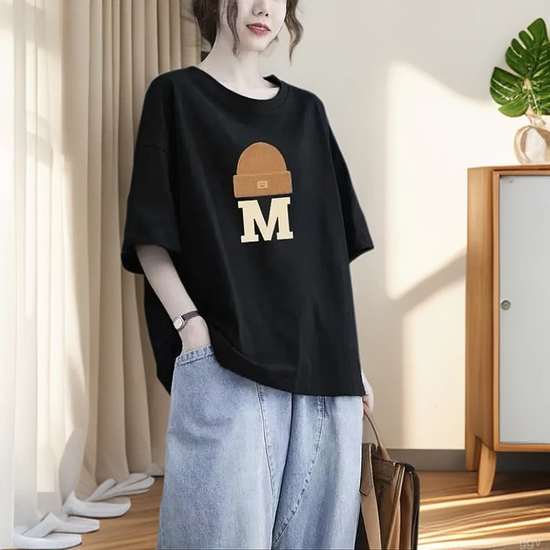 纯棉圆领短袖t恤女2025夏季休闲大码洋气宽松遮肚子显瘦印花上衣