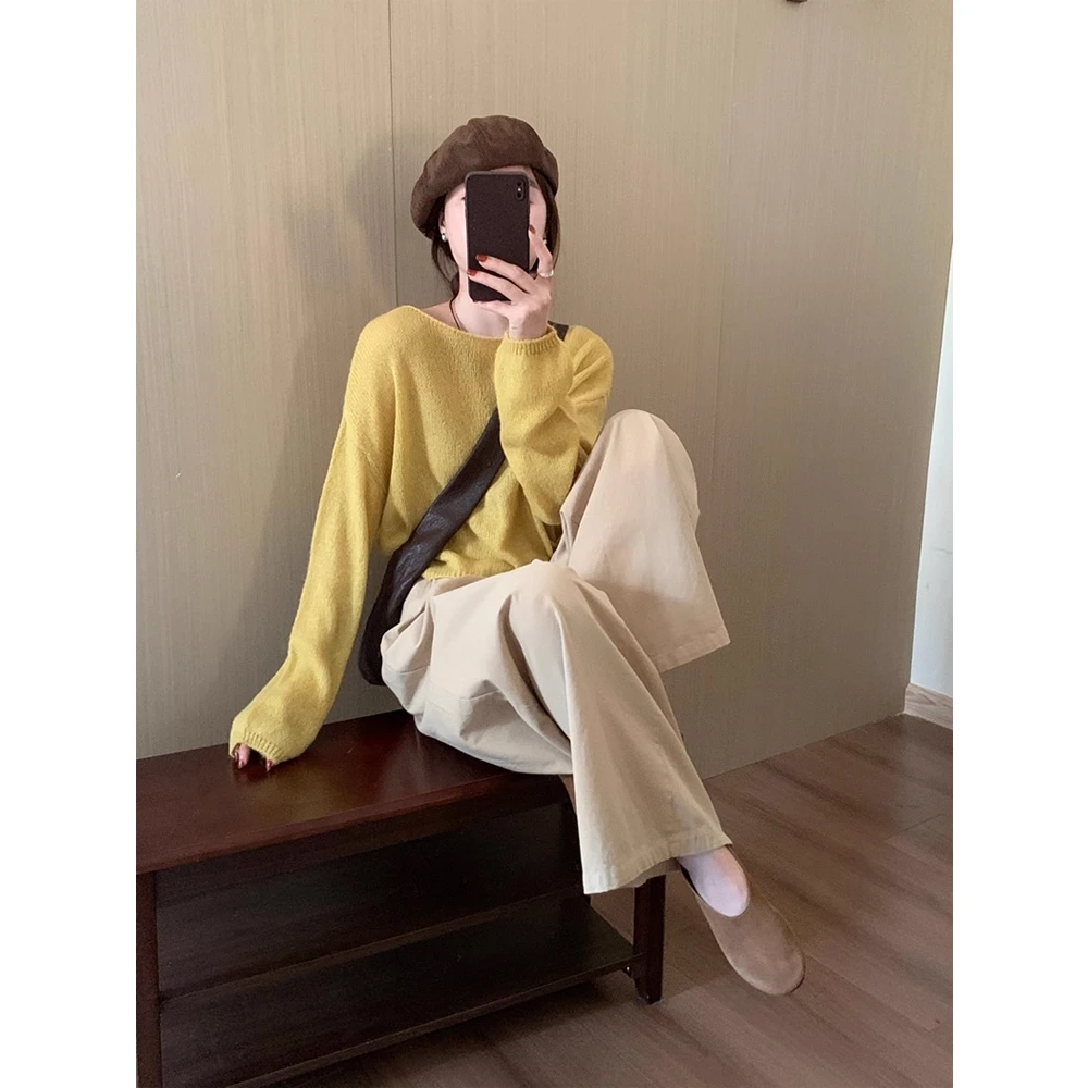 黄色纯色简约高腰款薄毛衣韩系慵懒氛围感早秋季穿搭上衣裤子套装