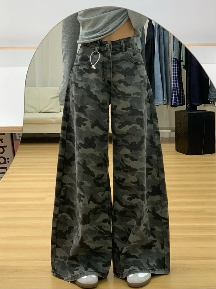 美式迷彩复古工装阔腿牛仔裤夏季新款设计感高街宽松直筒拖地裤子