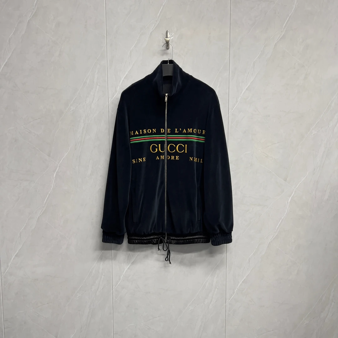 99新 GUCCI/古驰 丝绒刺绣Logo夹克外套/W0658/M码宽松/质感