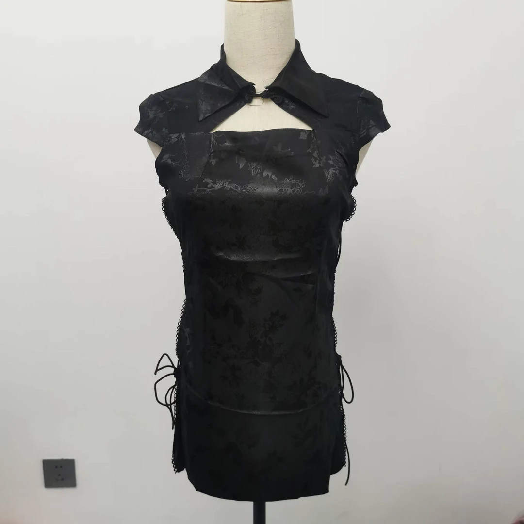 睡衣蕾丝气质时尚女士夏季黑色复古设计师中式提花印花