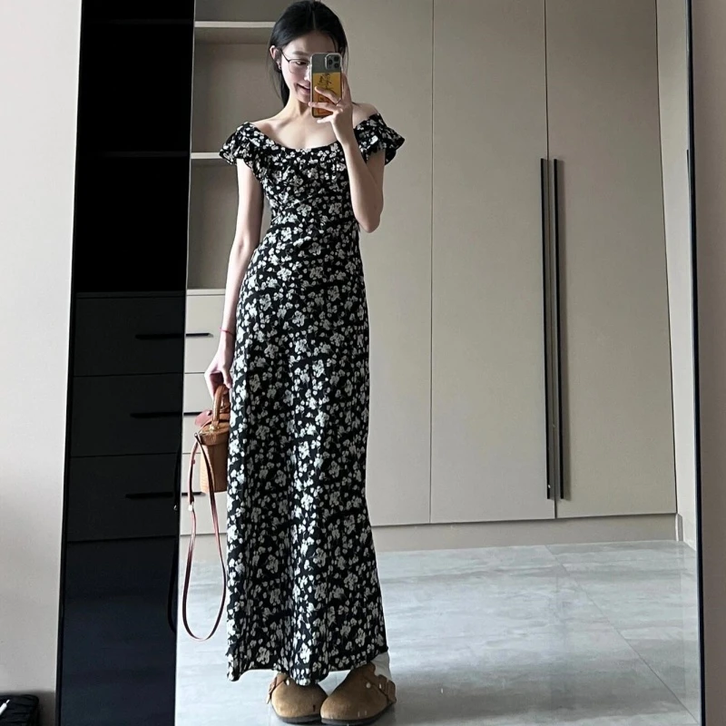 175高个子加长茶歇法式碎花吊带小飞袖连衣裙女夏季薄款收腰长裙