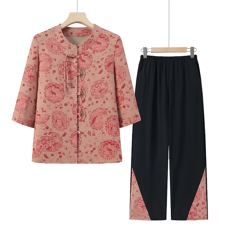 奶奶装夏季短袖套装中老年人女装衬衫两件套老年人夏装女衣服裤子