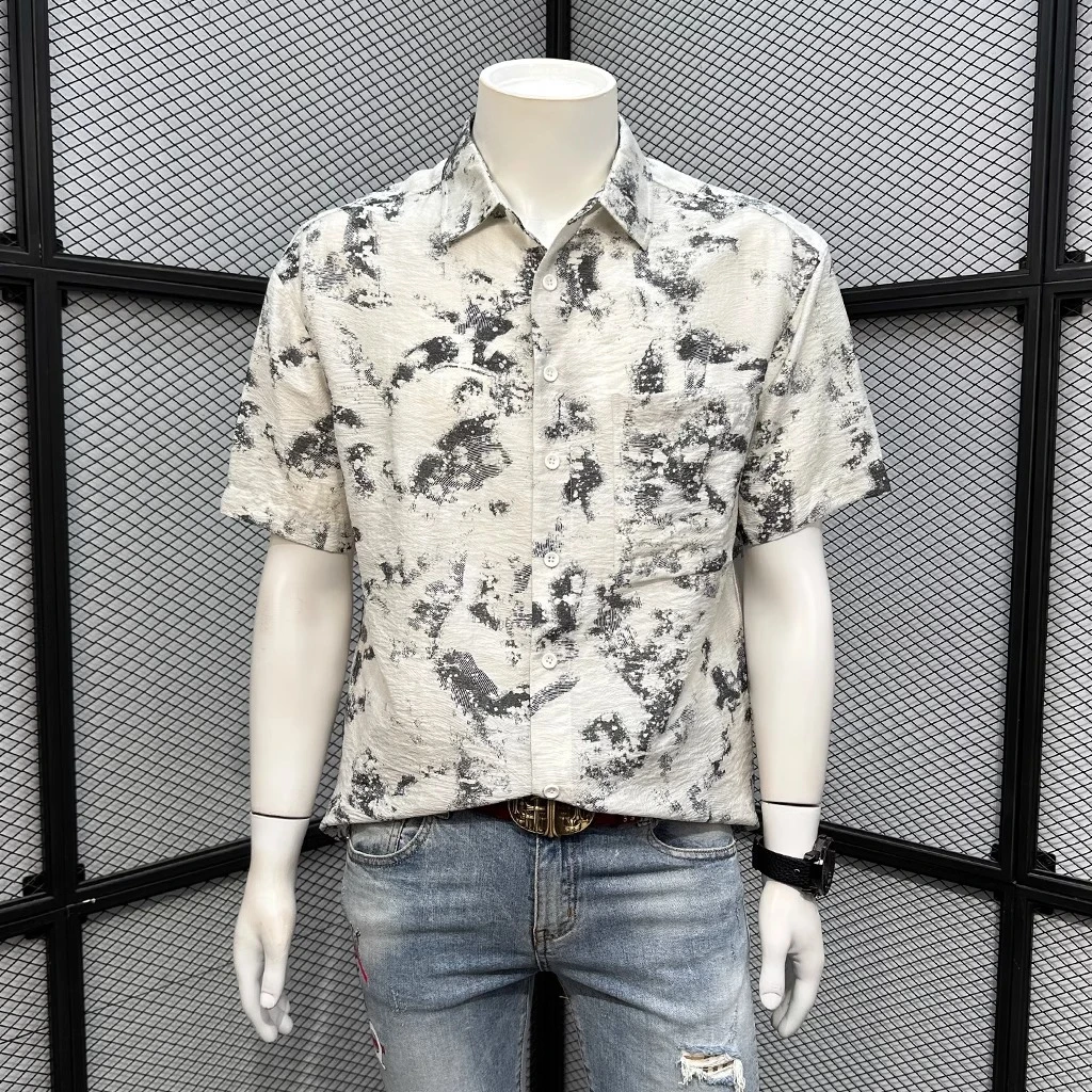 基密雷昂轻奢短袖衬衫男夏季潮牌百搭休闲时尚修身潮流青年裤子