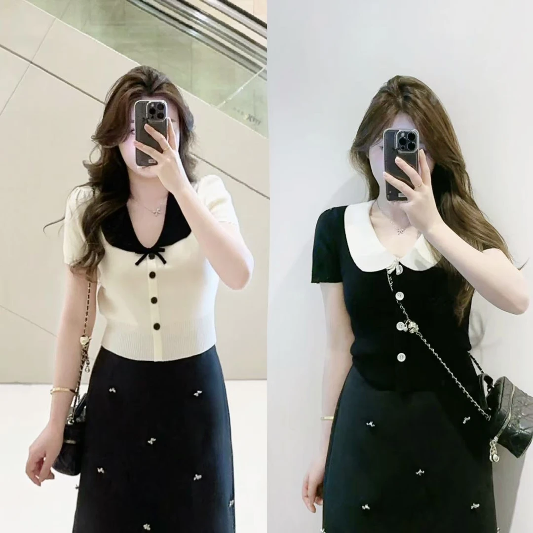 【小也定制】微胖娃娃领夏短袖包芯纱针织上衣半裙长短裙WPWGN00104