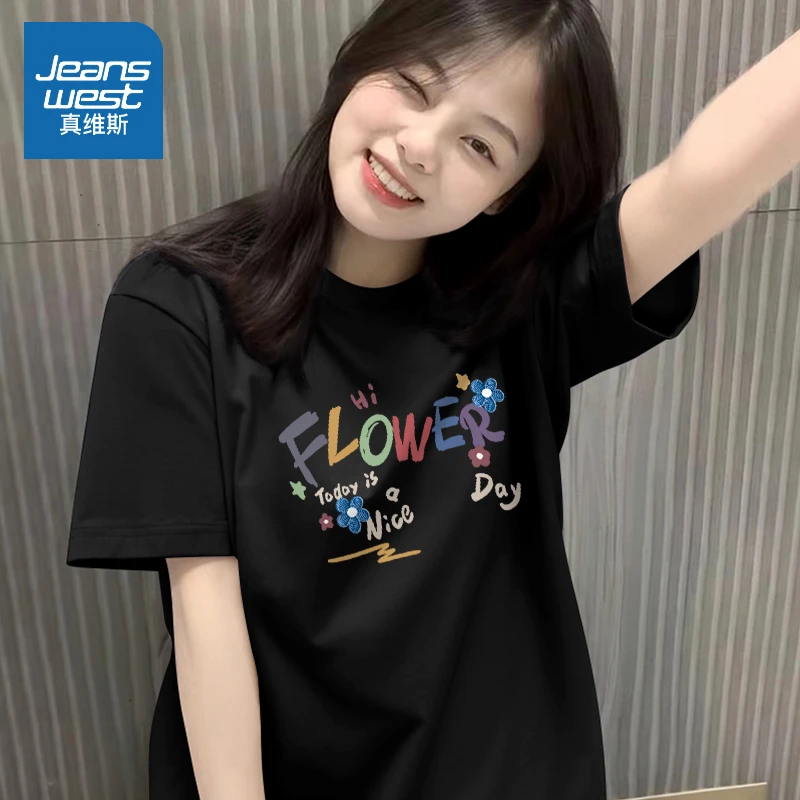 真维斯 黑色短袖t恤女2025新款夏季宽松正肩五分袖小个子纯棉半袖
