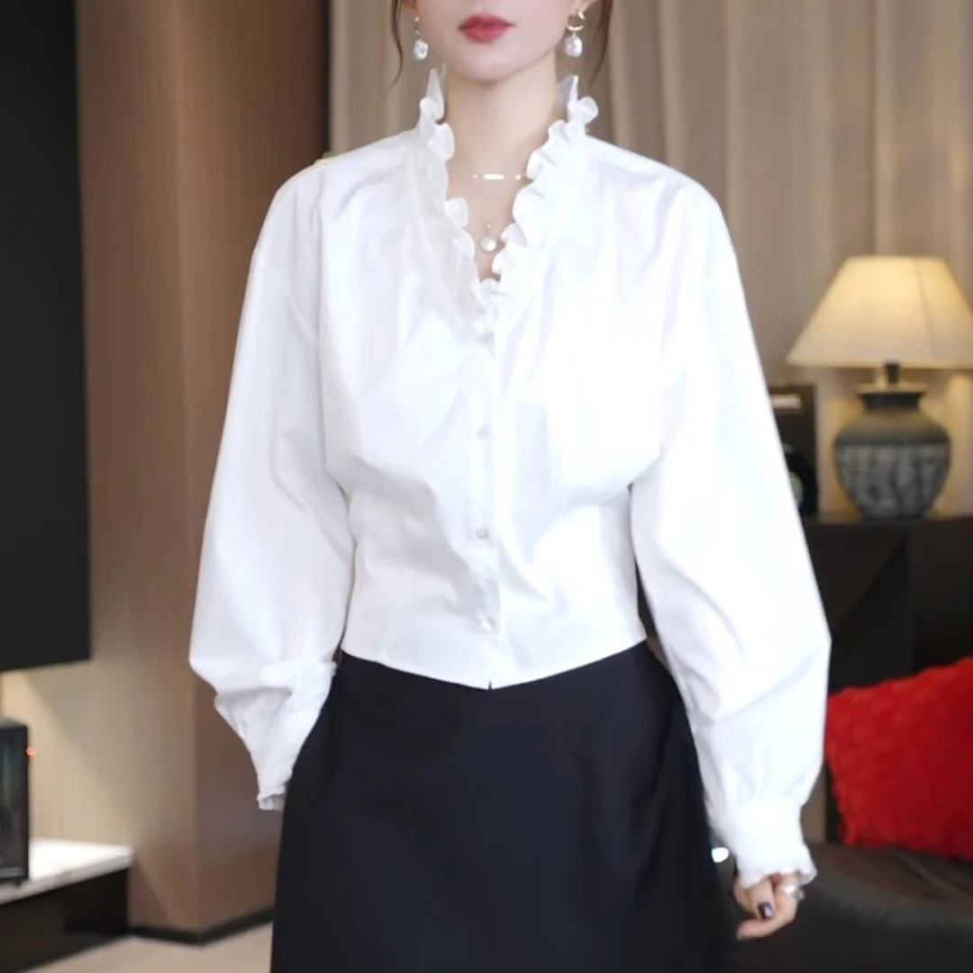 2025时尚百搭法式花边拼接长袖衬衫秋季新款纯色简约减龄大码上衣