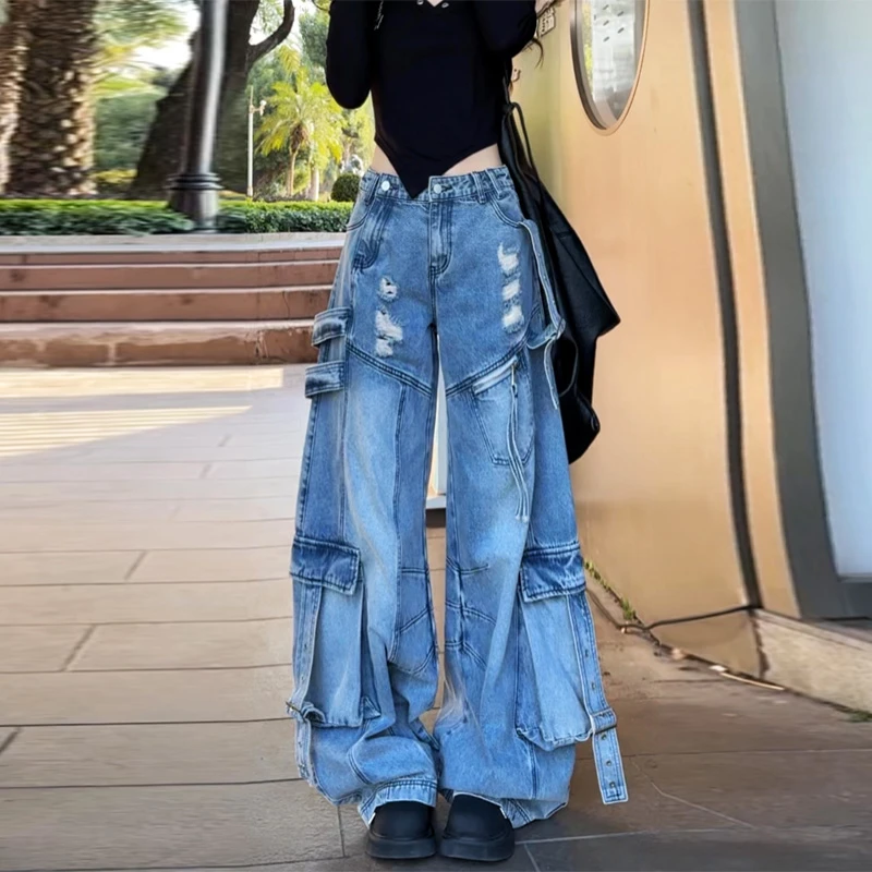 21288破洞重工牛仔裤女2025年春季新款街头破洞大口袋阔腿长裤女